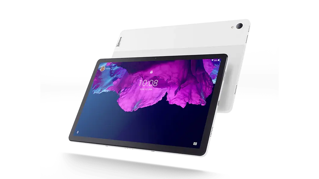 Front and rear horizontal views of Lenovo Tab P11 tablet in Platinum Gray, slightly angled to show right sides