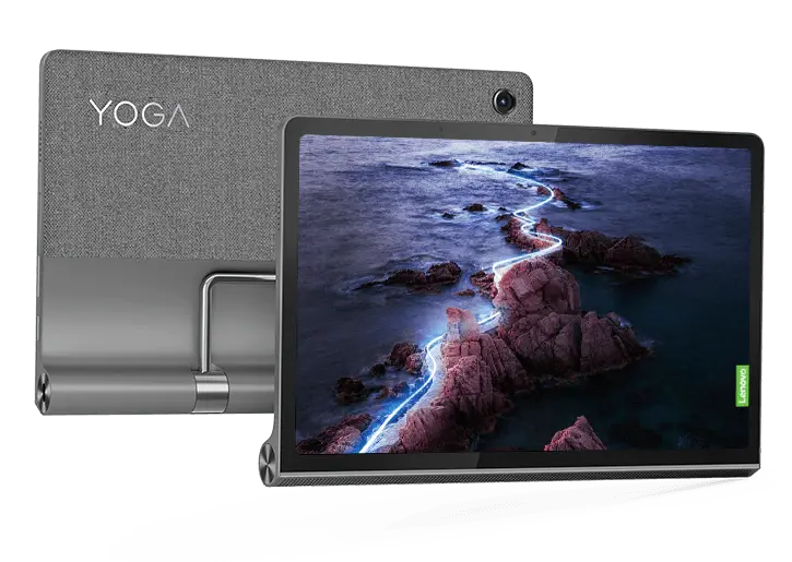 Two Lenovo Yoga Tab 11 tablets—staggered front and rear views