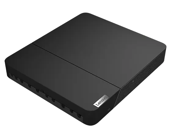 Aerial side view of ThinkSmart Core for Microsoft Teams Rooms computing device, showing Lenovo logo & rear ports, part of Lenovo ThinkSmart Core Full Kit with IP Controller for Teams