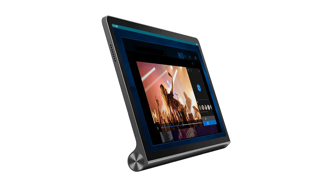 Tablet Lenovo Yoga Tab 11: vista frontal izquierda ¾ con reproductor de música e imagen de un concierto en la pantalla