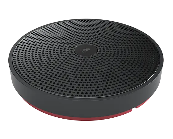 Close up aerial view of standalone mic pod, round black speaker-like device, part of Lenovo ThinkSmart Core Full Kit with IP Controller for Zoom Rooms 