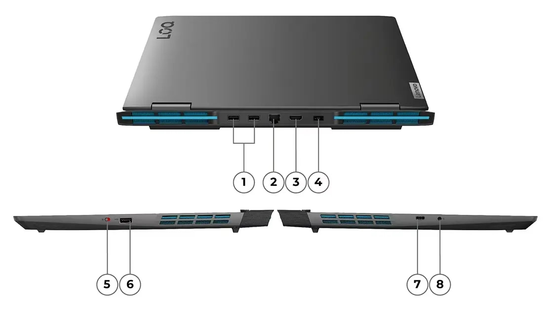 Vista de puertos y ranuras opcionales de la Lenovo LOQ (16”, Intel)