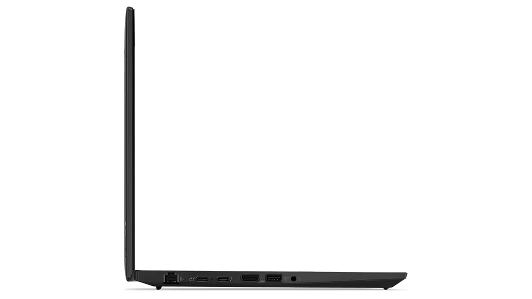 Vista lateral izquierda del portátil ThinkPad T14 de 3.ª generación (14 AMD), abierto 90 grados, se ve el perfil fino de la pantalla y el teclado.