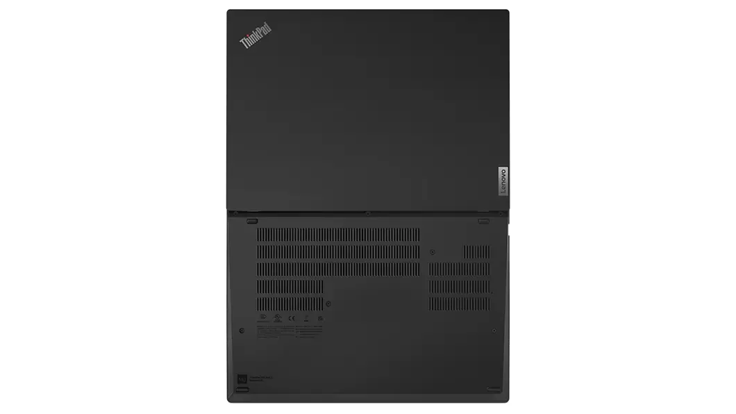 Vista superior del portátil ThinkPad T14 de 3.ª generación (14 AMD), abierto plano a 180 grados, se ve la cubierta frontal y posterior