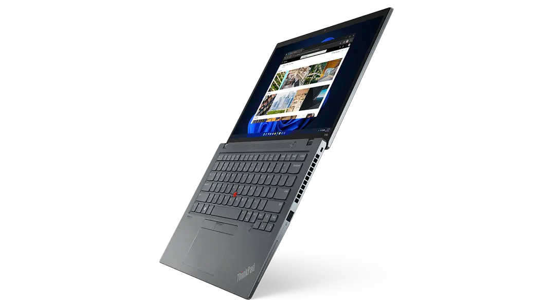 Vista lateral izquierda de ThinkPad T14s (AMD de 14 in), abierta 180 grados, verticalmente, de izquierda a derecha, que muestra el teclado y la pantalla