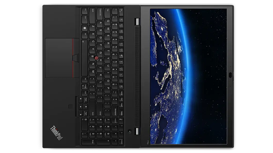 Vista aérea de la workstation móvil ThinkPad T15p de 3ra generación (15&quot; Intel), abierta plana en un ángulo de 180 grados, con la pantalla y el teclado