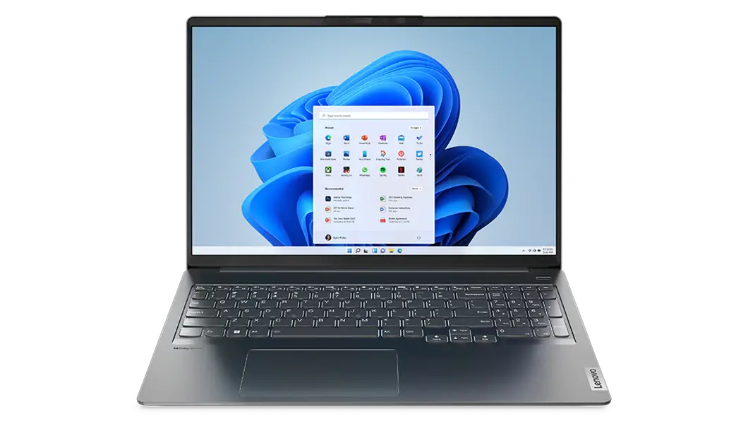 Vista frontal a la altura de los ojos de la pantalla de 16&quot; de la laptop Lenovo IdeaPad 5i Pro 7ma Gen, mostrando Windows 11 Home y el logotipo de NVIDIA® GeForce RTX™.