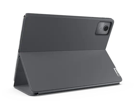 Vista posterior do tablet Lenovo Tab M11 em Luna Grey na capa folio opcional com suporte