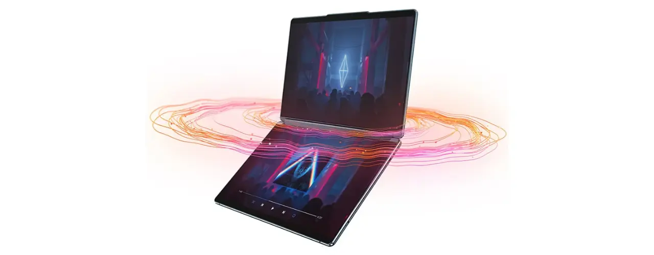 Yoga Book 9i Gen 8 (13″ Intel) fully opened with both screens on and sound emanating from the sound bar