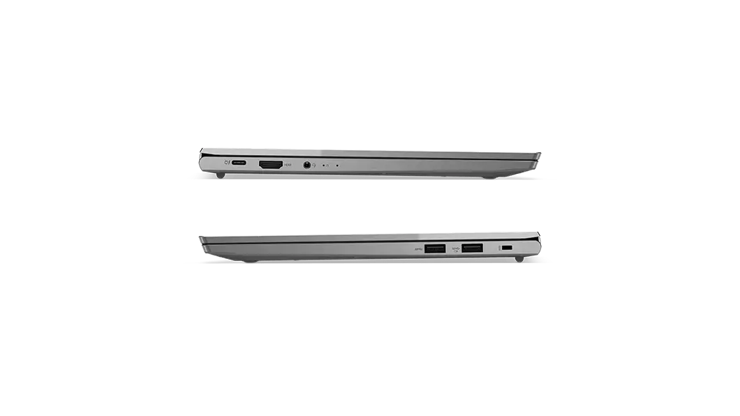 Vistas de los laterales izquierdo y derechos del portátil Lenovo ThinkBook 13s de 2.ª generación (Intel) cerrado