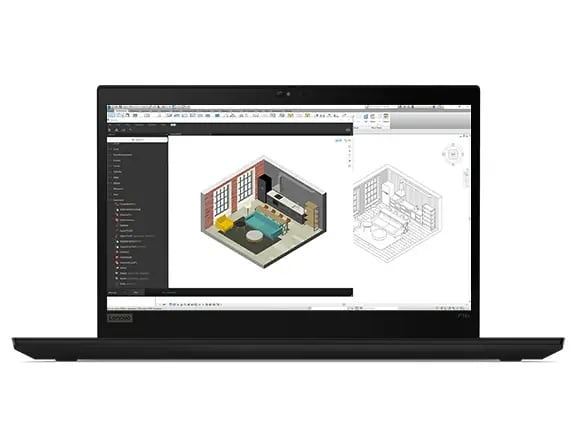 A front view of the ThinkPad P14s Mobile Workstation, showing a computer-aided design on screen