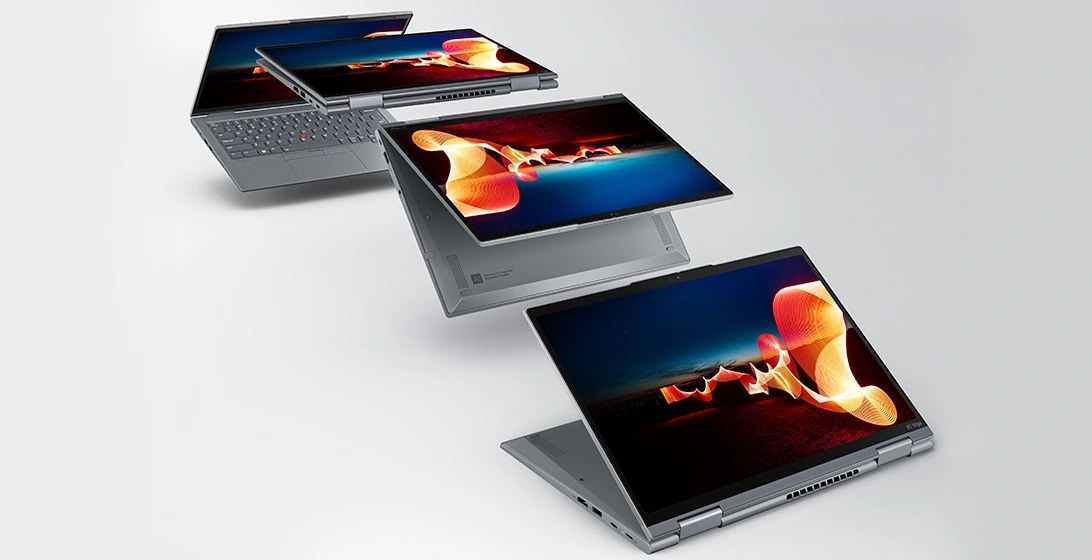 Four Lenovo ThinkPad X1 Yoga Gen 8 2-in-1s in each of the modes: laptop, tablet, tent, & stand.
