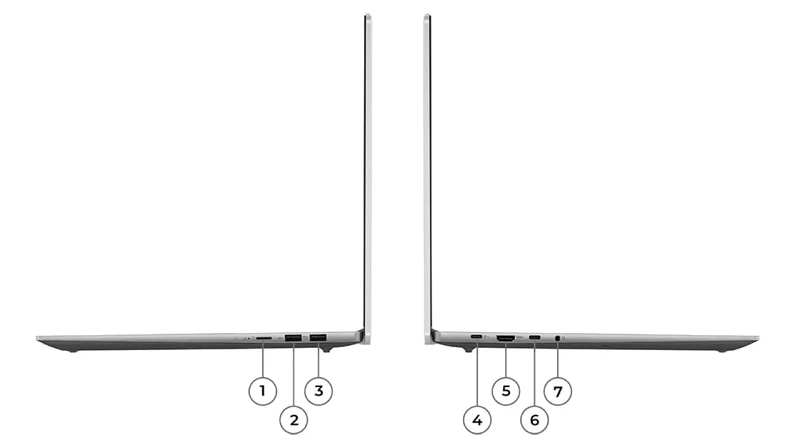 IdeaPad Slim 5i 16" 8va Gen - intel i5 1245H 8GB 512GB 16"WUXGA Win 11 Home 7 Perfiles de los laterales izquierdo y derecho del portátil IdeaPad Slim 5i de 8.ª generación, abierto en un ángulo de 90 grados, mostrando los bordes del teclado, la cubierta superior y los puertos