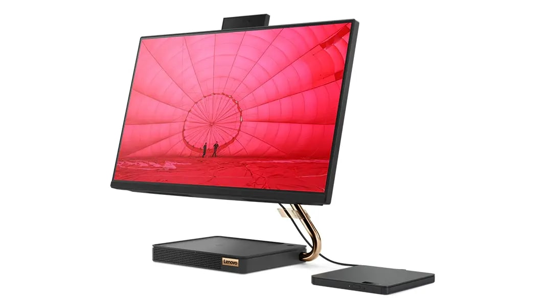 Right-angle view of the IdeaCentre AIO 5i (24&quot;) all-in-one desktop with external storage.