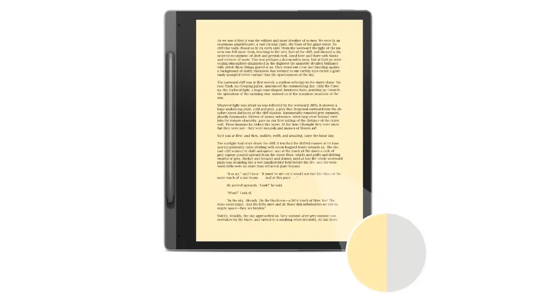 Front-facing Lenovo Smart Paper, with Lenovo Smart Pen, with 10.3&quot; E-Ink screen showing page of an e-book, with screen color adjusted