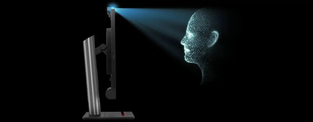 A side view of the ThinkSmart View Plus, showing the facial recognition capability with a web camera scanning virtual points on a face.