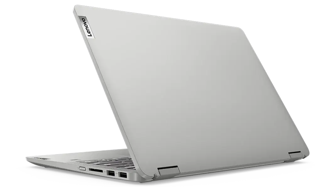 Imagen de semiperfil trasera de la laptop IdeaPad Flex 5i 7ma Gen (14″, Intel) en modo laptop, en color cloud grey (gris tormenta)