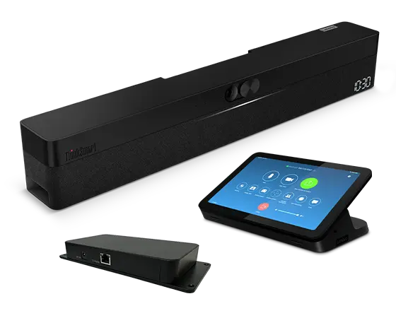ThinkSmart One for Zoom Rooms, Windows-based conference room bar, next to Lenovo IP Controller, a 10-point multitouch HD display, & Lenovo Link Box