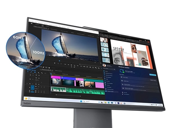 Lenovo ThinkCentre Neo 50a G5 27" all-in-one desktop PC -- front view, showing photo editing software on the screen with separate callouts demonstrating difference between 60Hz and 100Hz refresh rates.