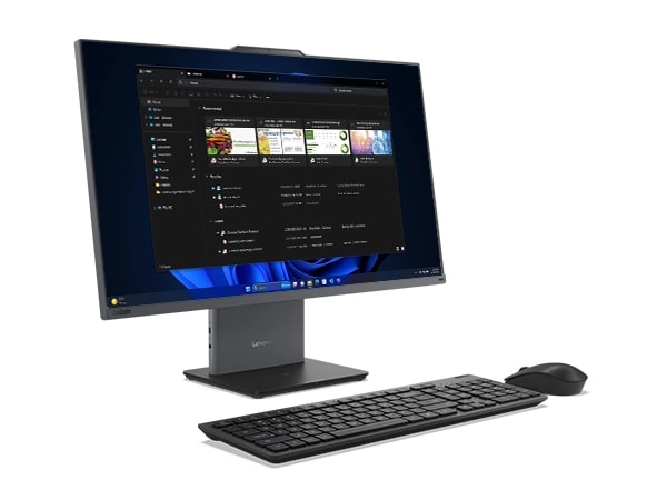 Lenovo ThinkCentre Neo 50a G5 27" all-in-one desktop PC – front left view showing a  wireless keyboard and mouse with an opened window on the screen.