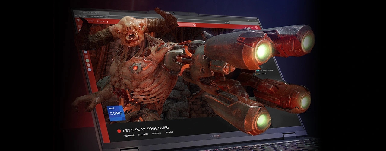 Legion Pro 7i Gen 9 with visuals from Doom Eternal exploding from the screen with an Intel® Core™ badge