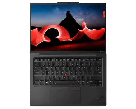 Overhead shot of Lenovo ThinkPad X1 Carbon Gen 12 laptop open 180 degrees, showing keyboard, & display.