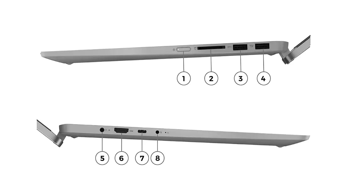 IdeaPad Slim 5 16" 8va Gen - Arctic Grey 82XY005LLM AMD RYZEN 7 7730U 16GB 1TB WIN11 6 Vista del lateral izquierdo y derecho del portátil IdeaPad Flex 5 Gen 8 con los puertos visibles