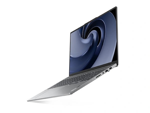 Floating, front-right side view of Lenovo IdeaPad Pro Gen 9 16 inch laptop with wide-angled open lid with a focus on its sleek design and shape.