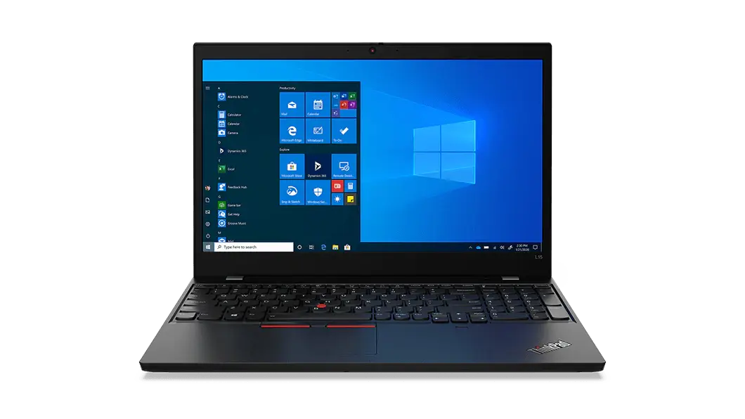 Imagen frontal de la notebook ThinkPad L15 (15.6”, AMD) abierta a 90°, con el escritorio de Windows en uso