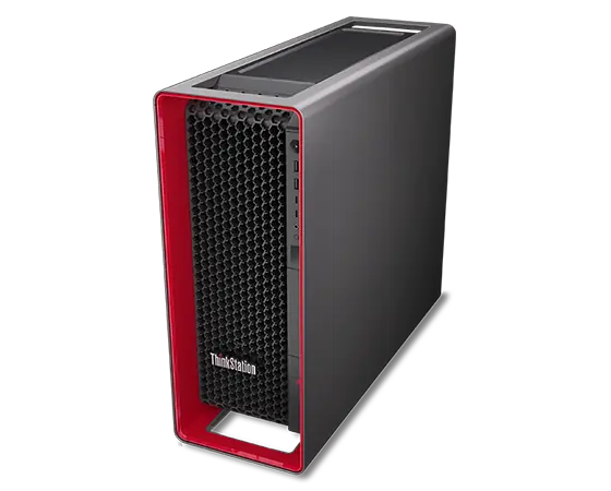 Aerial view of forward-facing Lenovo ThinkStation P8 workstation, at a slight angle, showing iconic ThinkPad red casing, front ports, plus top & right-side panels