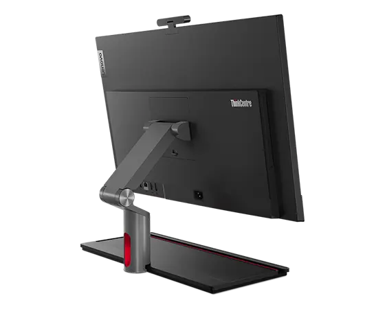 Side view of rear-facing Lenovo ThinkCentre M90a Gen 5 (24″ Intel) all-in-one PC, showing rear cover & ports, & back of full function monitor stand