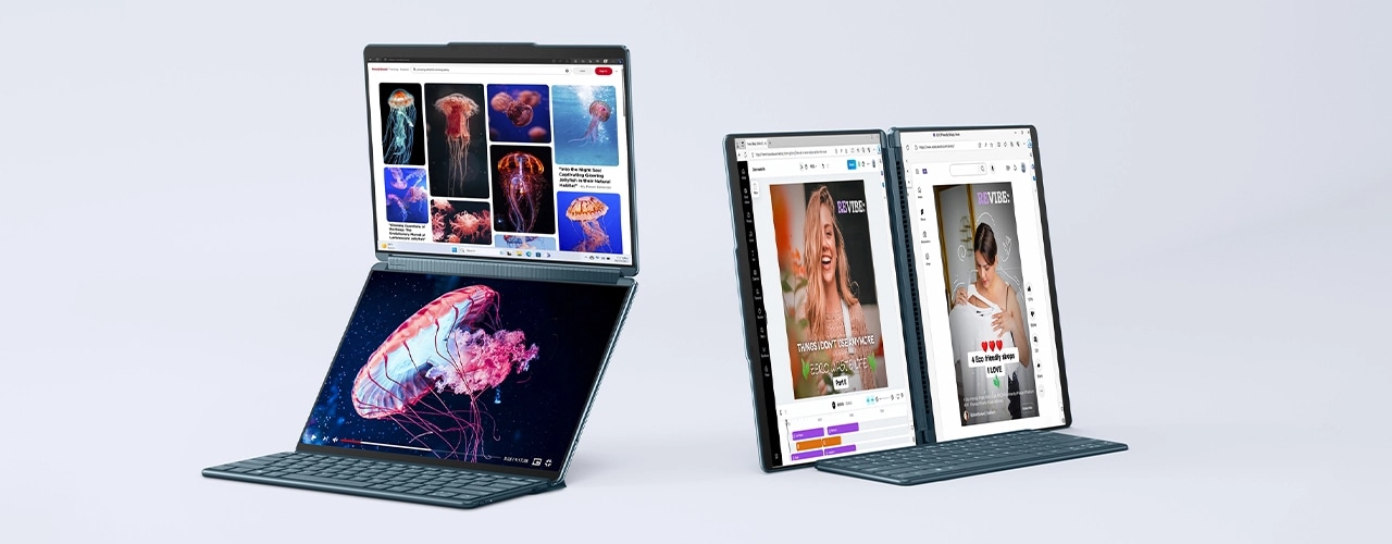Two views of the Lenovo Yoga Book 9i (13 Intel) mounted in its folio case