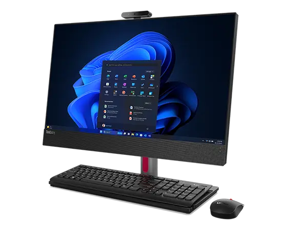 Forward-facing Lenovo ThinkCentre M90a Gen 5 (24″ Intel) all-in-one PC, at an angle, showing display, with keyboard on base & wireless mouse