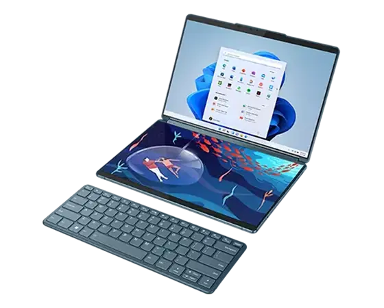 Yoga Book 9i Gen 8 (13″ Intel) front-facing left with Bluetooth® keyboard and Windows 11 on the screen