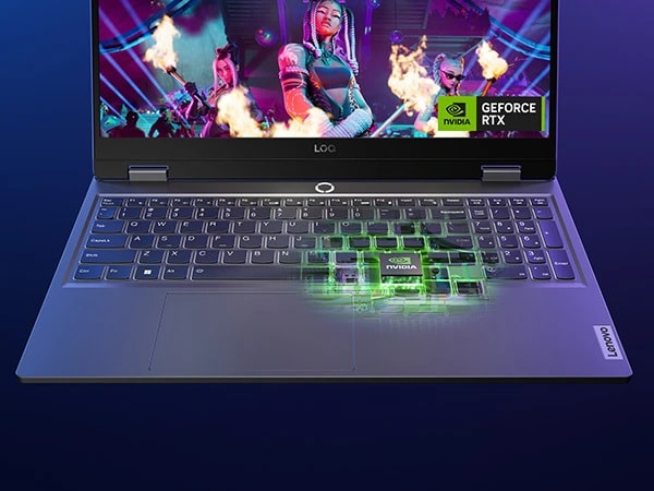 Lenovo LOQ 15IAX9 gaming laptop – front closeup of keyboard with x-ray view of NVIDIA GeForce RTX GPU inside