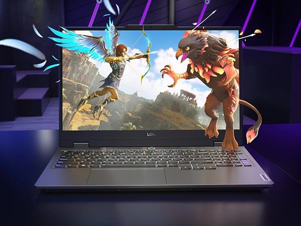 Lenovo LOQ 15IAX9 gaming laptop – front view, lid open, with game scene on the display and fighting characters seeming to pop out of the display
