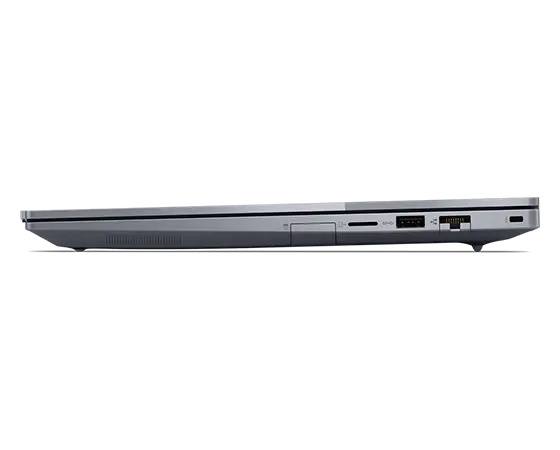 Side view of Lenovo ThinkBook 14 Gen 6+ (14 inch Intel) laptop, closed, showing edges of top cover & keyboard, plus right-side ports