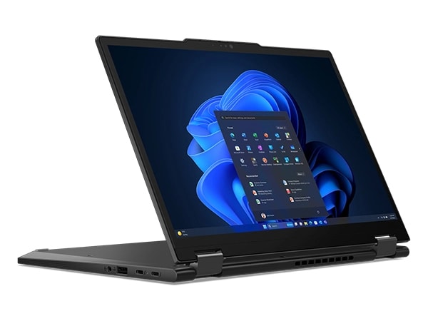Lenovo ThinkPad X13 2-in-1-Notebook der 5. Generation, 110 Grad im Standmodus geöffnet, der Startbildschirm wird angezeigt.