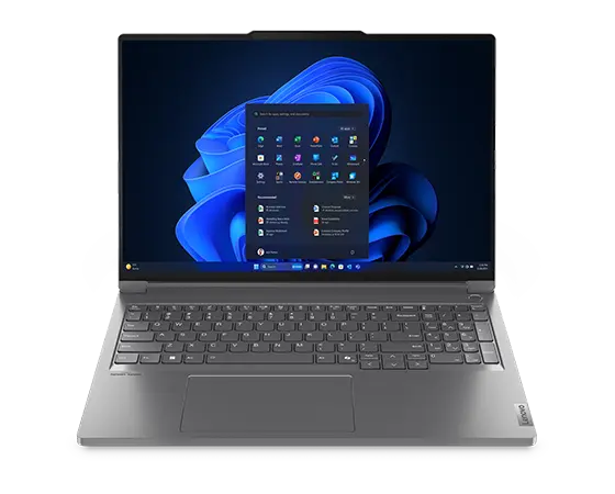 Front view of the Lenovo ThinkBook 16p Gen 5 (16” Intel) laptop with lid opened at a wide angle, focusing keyboard & a Windows 11 Pro menu on the screen.