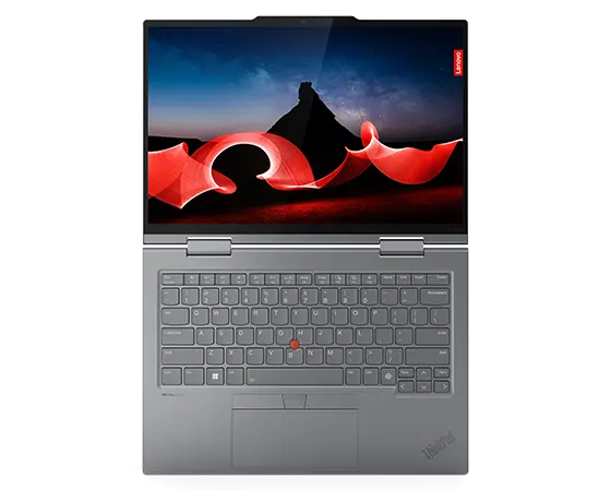 Overhead shot of the Lenovo ThinkPad X1 2-in-1 convertible laptop open 180 degrees, showcasing the display & keyboard.