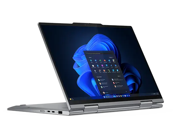 Vorderseite des wandelbaren Lenovo ThinkPad X1 2-in-1-Notebook, schräg mit Sicht auf die Anschlüsse auf der linken Seite, im Standmodus auf sich selbst zurückgeklappt.