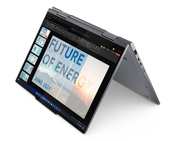 Laptop convertible 2 en 1 Lenovo ThinkPad X1 en modo tienda, que muestra la pantalla de 14 pulgadas.