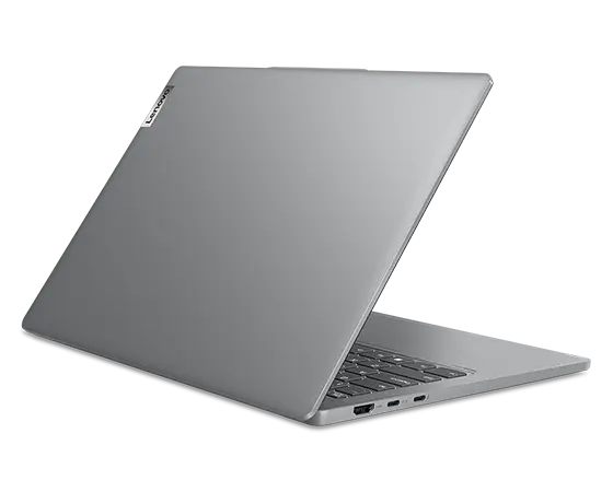 Rear-left side view of Lenovo IdeaPad Pro Gen 9 14 inch laptop with lid open at an acute angle.