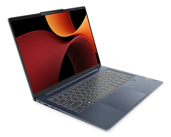 Front left angle view of the Abyss Blue IdeaPad Slim 5 Gen 9 (14 AMD), open