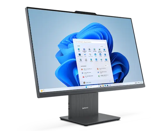 IdeaCentre AIO Gen 9 (24” AMD) front facing right with start menu on display 