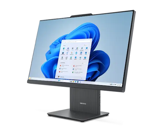 IdeaCentre AIO Gen 9 (24” AMD) front facing left with start menu on display 