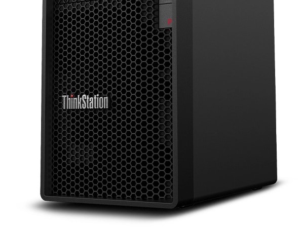 Cut short, close up, front view of the Lenovo ThinkStation P2 Tower workstation, focusing its grid architecture of the front with the ThinkStation logo.