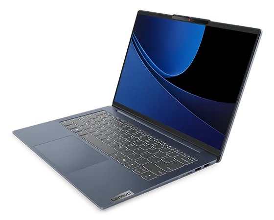 Lenovo IdeaPad Slim 5i Gen 9 (14&quot; Intel) laptop – Abyss Blue – right-rear view, lid open, wavy blue lines on the display
