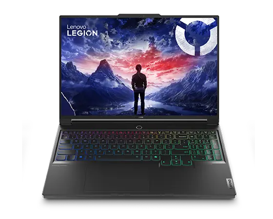 Lenovo Legion 7i Gen 9 (16'' Intel), naar voren gericht met het scherm aan en de RGB-toetsenbordverlichting ingeschakeld