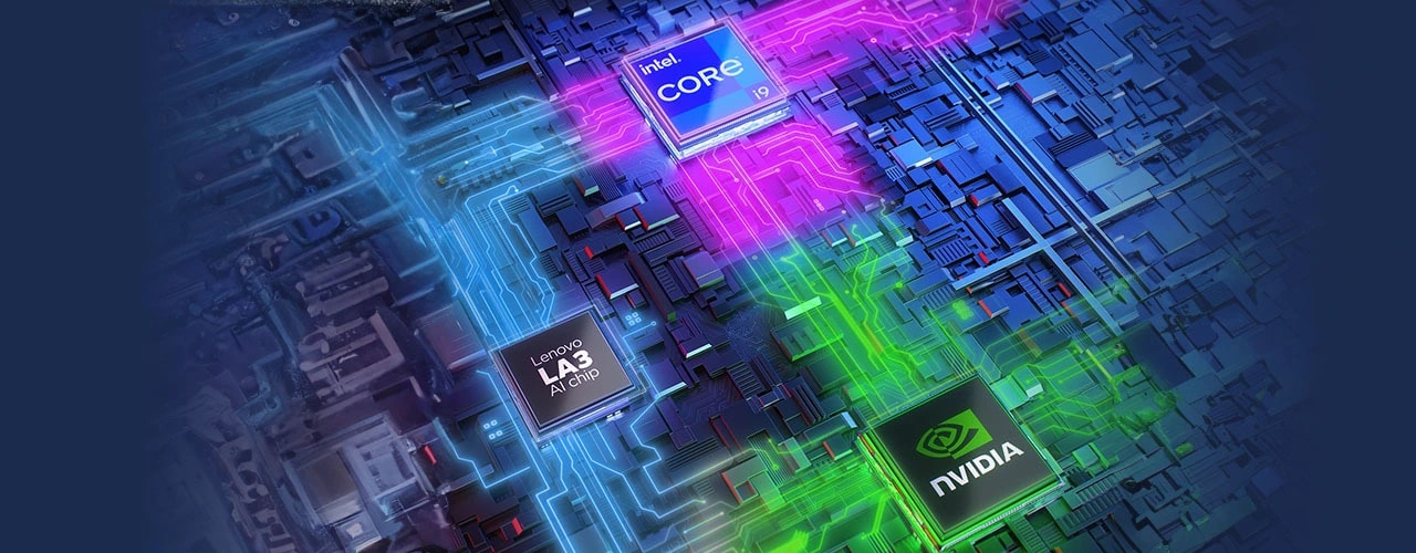 Rendering of Intel® Core™ processor, NVIDIA® GPU, and Lenovo AI Engine+ working together